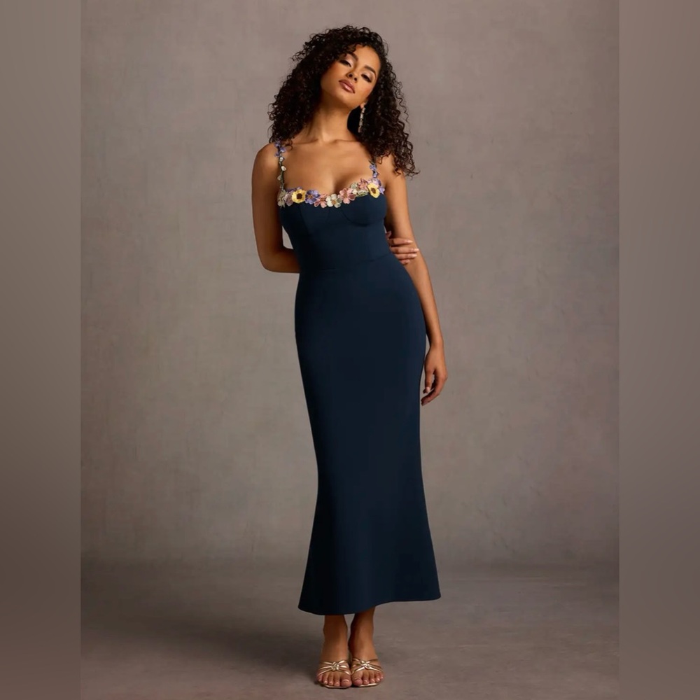 Azazie embroidered floral navy blue midi cocktail dress